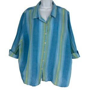 Catherines Petite Button-Up Shirt Blue & Green Striped Women's Size 2XWP